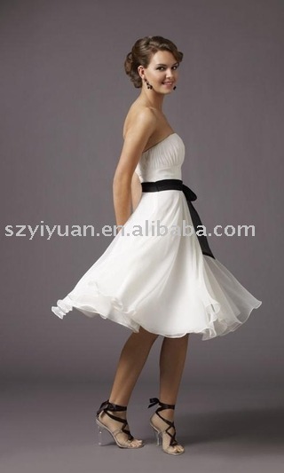 2011 new style black sash white short evening dress