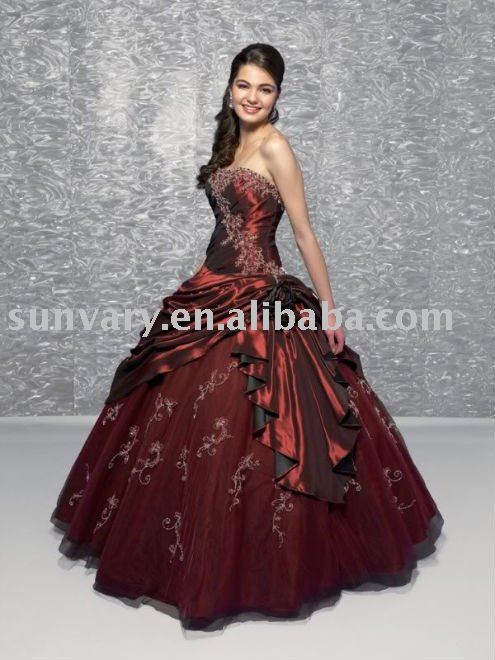 Burgundy Wine Red Evening Dresses Prom Dresses Appliqued Strapless Ball Gown