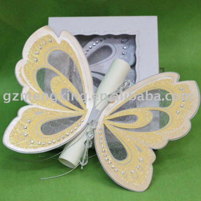 Unique yellow butterfly shape wedding decoration with scroll card in 