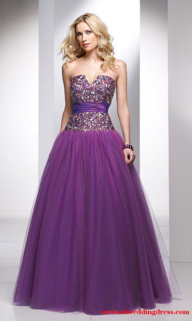 Purple tulle ball gown sweet heart wonderful rhinestone prom dress