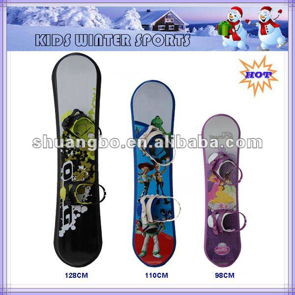 bindings on snowboard. Children snowboard with