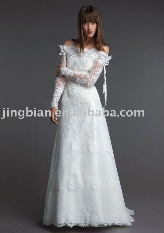 romantic off shoulder long lace beaded sleeves wedding dresses HS254