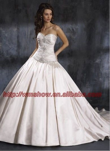 Gorgeous Style Satin Strapless Ballgown Big Train Wedding Dress Rhinestone 