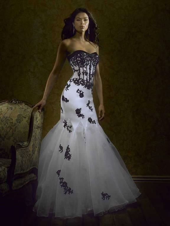 black and white wedding dresses with black lace at the neck