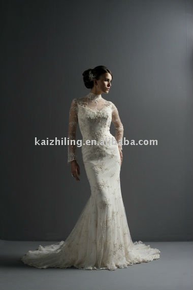 long sleeves lace high neck mermaid 2011 new models bride wedding dress