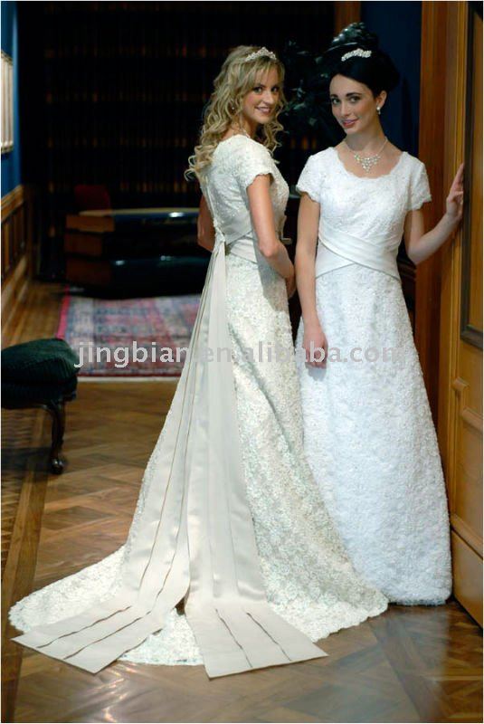 short sleeves full lace wedding dress with cross belt HS1020