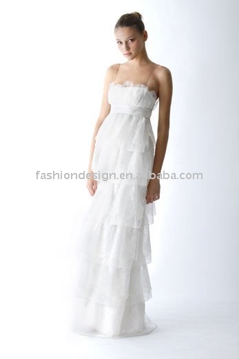 YF058 Tiered organza lace slip gown with ribbon wedding dress