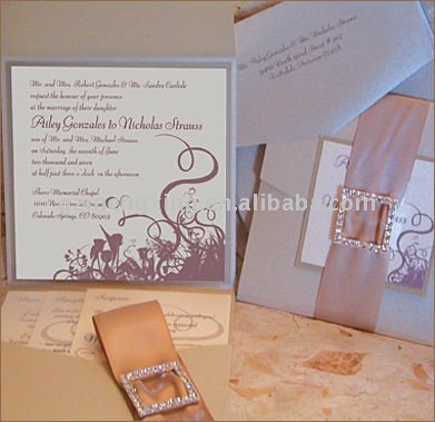 Buckle And Ribbon Decoration Pocket Fold Wedding Invitation Card EA104