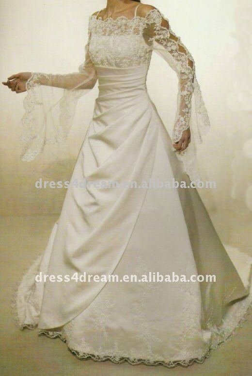 Satin and lace long sleeve high neck wedding dress beaded