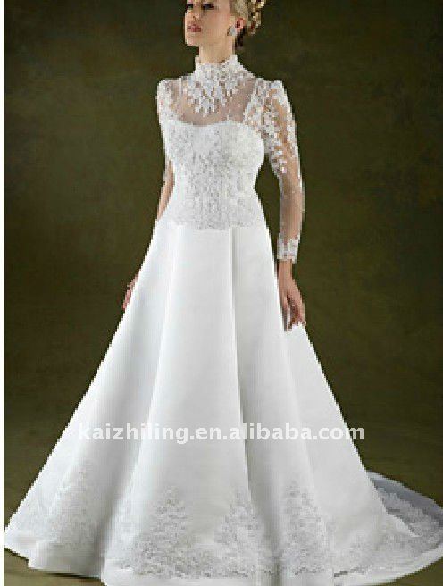 long sleeve high neck lace applique elegant wedding dress 2011 hot sell
