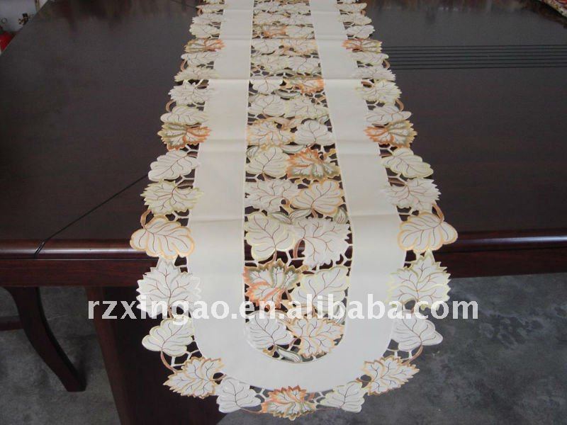 embroidered table runner with leaves