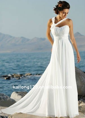 Beach Casual Asymmetrical Draped White Chiffon Wedding gown