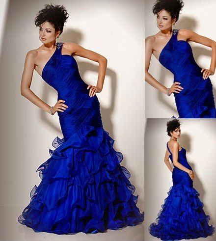 2011 best oneshoulder royal blue ruffled evening gown
