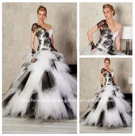 Ball Gown Tulle Lace Black White Bride Dresses Wedding Gown