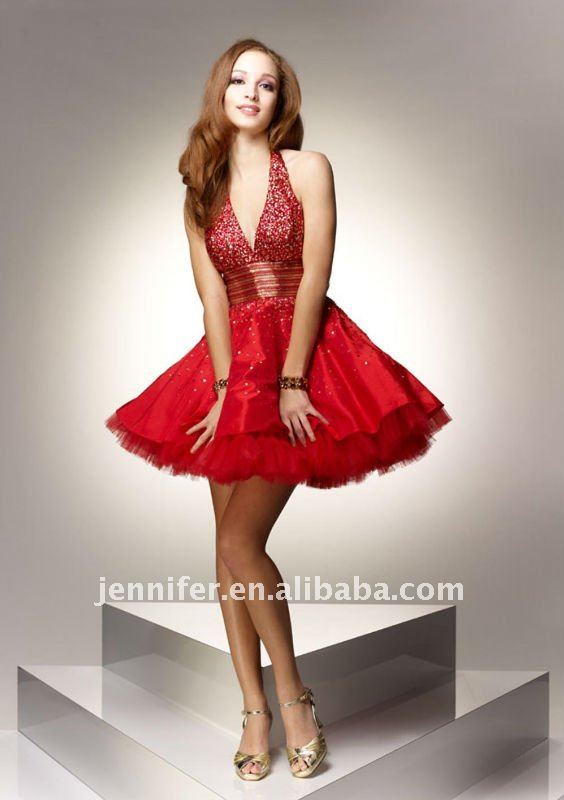 Beautiful Beaded Halter Red Short Evening Dress (abh234)