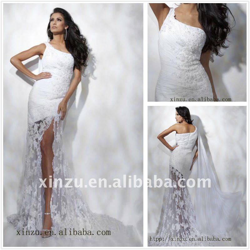 Sexy Oneshoulder Cut Out Beaded Lace and Chiffon 2012 Mermaid Wedding 