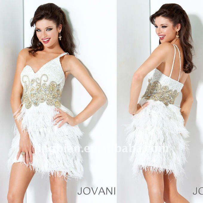 Adorable Short One Shoulder White Feather Cocktail Party Dress with 
