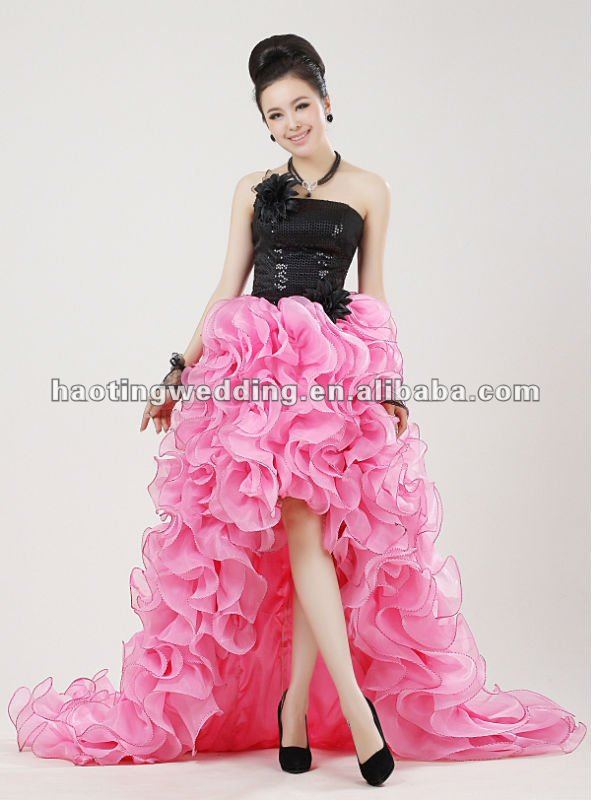 EDB1201 Black and Pink Front Short and Long Back Wedding Dress