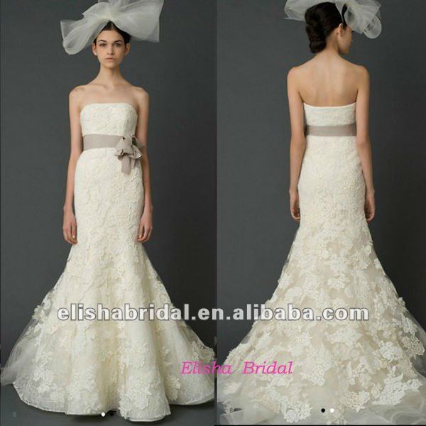2012 Elegant Strapless Spanish Lace Mermaid Wedding Gown