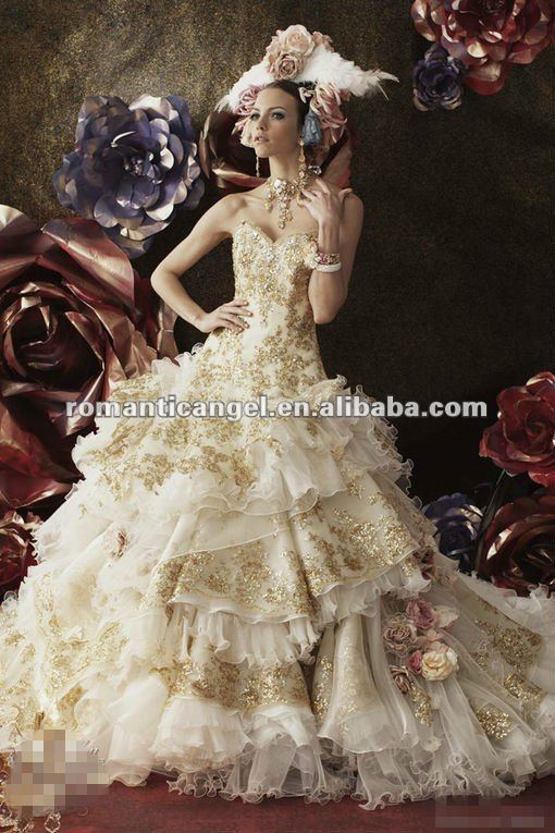 golden long train lace beading wedding dress