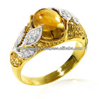 Yellow Gold Plated Flower Ring with Oval Whisky Quartz, Yellow Sapphires and Cubic Zirconia