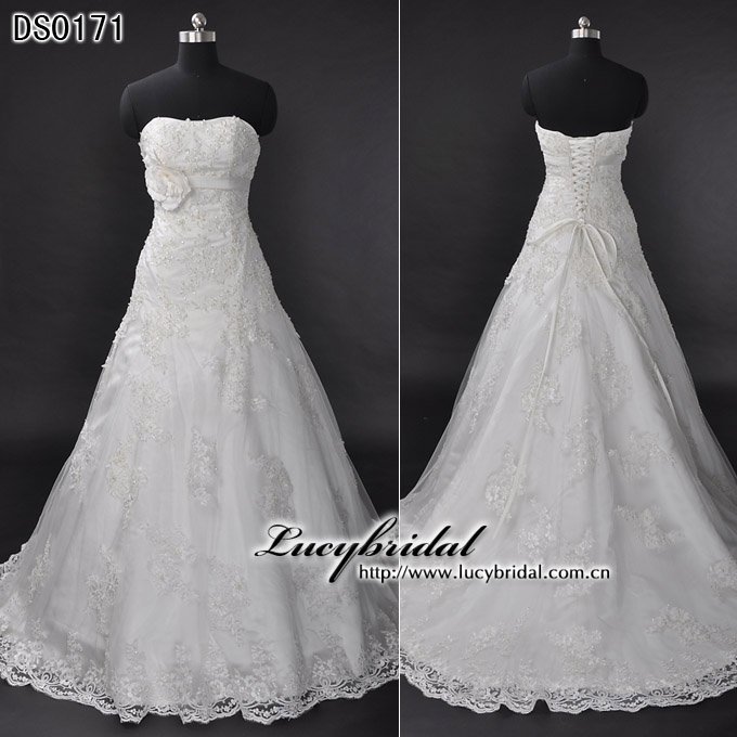 popular satin lace beaded bridal wedding gown DS0171