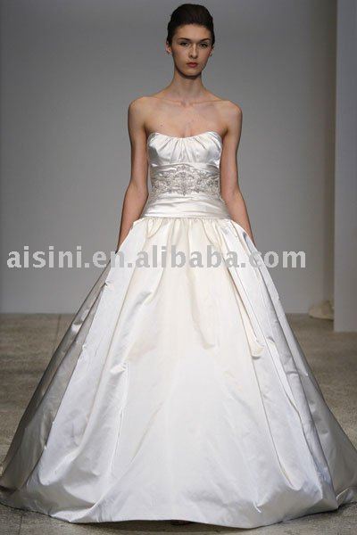 ballgown with ruched bodice crystal beaded sash and train wedding dress