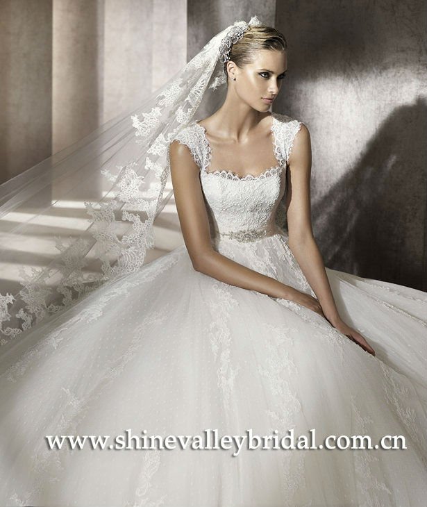 New Style PV347 Illushion Short Sleeve Lace over Tulle Puffy Wedding Dress
