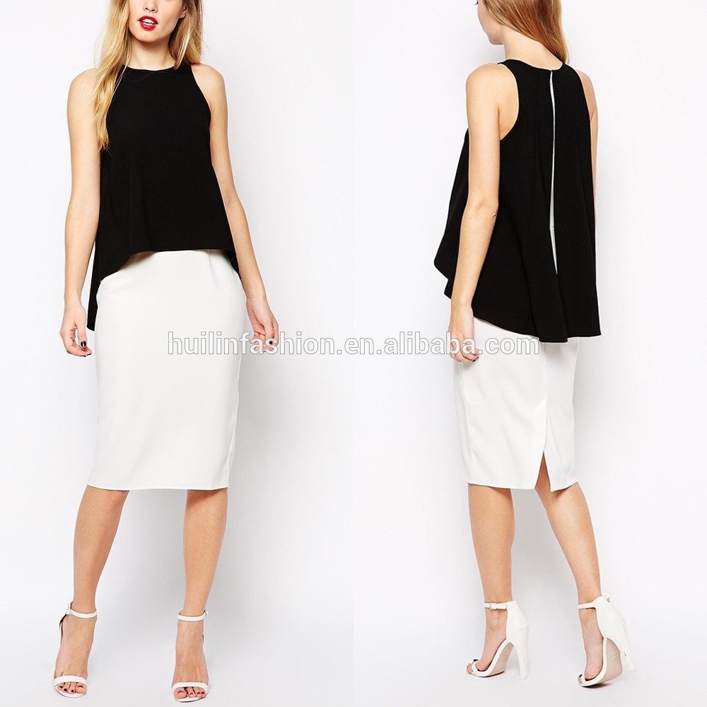 elegent sleeveless black and white pencil dress with mono layer