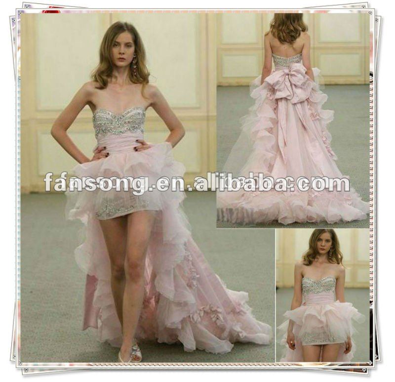 New arrival strapless front short long back pink wedding dress