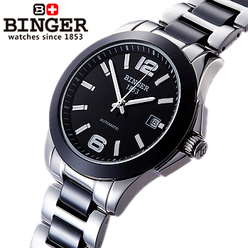 Binger accusative case watch fully-automatic mechanical watch stainless steel mens watch ceramic band ceramic ring needle black(China (Mainland))