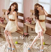 Japan Korea Women's Chiffon Lace Sexy Lady Casual Summer Mini Dress With Belt