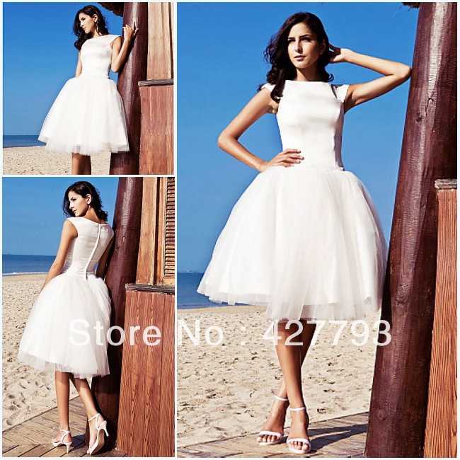 Ball Gown Bateau Knee-length Satin Tulle Wedding Dress inspired by Audrey Hepburn Funny Face(China (Mainland))