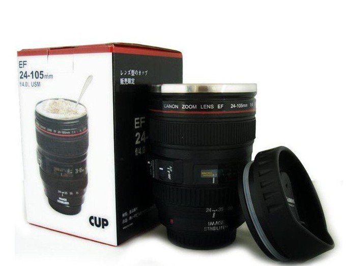 Freeshipping by CPAM stainless steel liner travel thermal Coffee camera lens mug cup with hood lid 480ml 340g caniam not canon(China (Mainland))