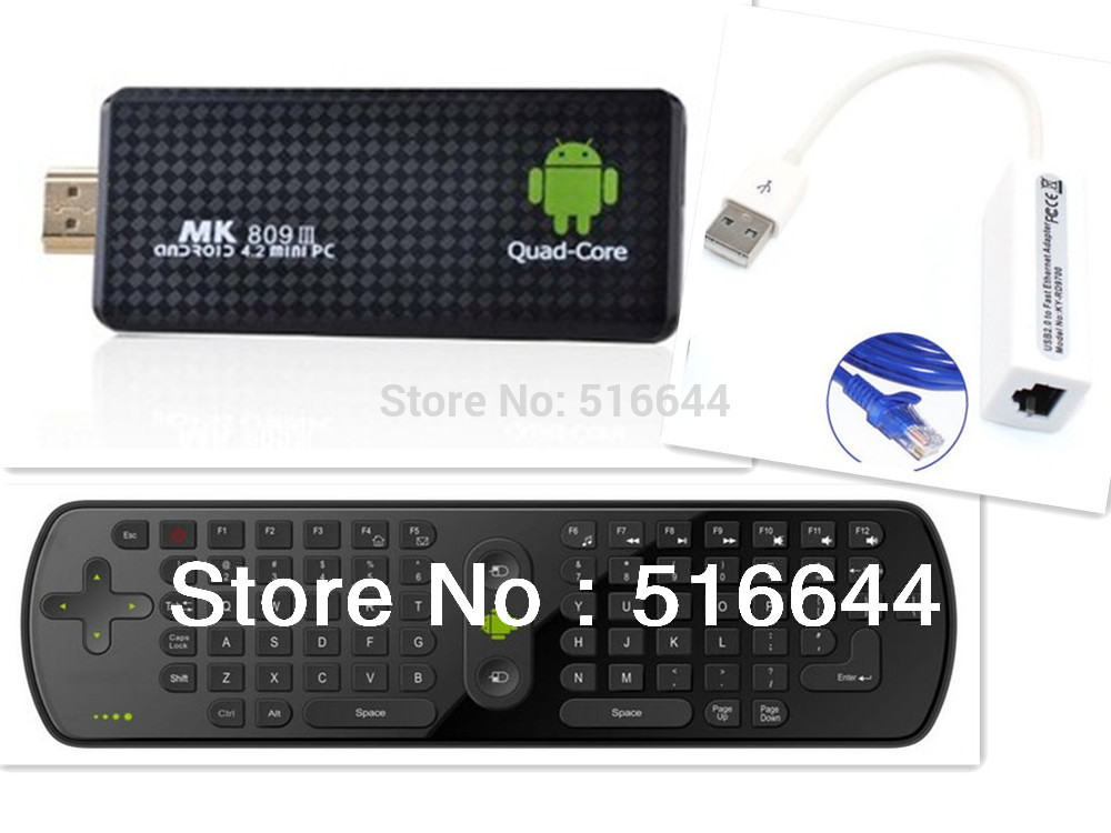 MK809 III Quad Core RK3188 Mini PC Android TV Box IPTV HDMI PC Stick Dongle Bluetooth + rc12 keyboard + USB LAN Adapter 2GB RAM(China (Mainland))