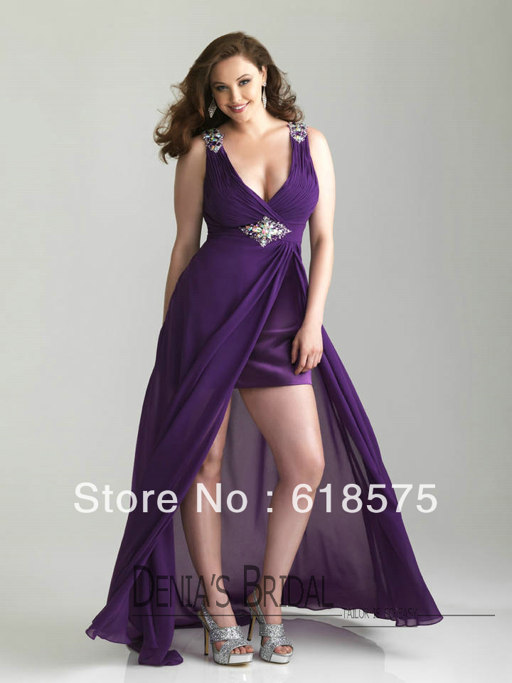 Modern V Neck Double Straps Ruched Empire Waist Short Purple Red Chiffon Red Plus size Prom Dress(China (Mainland))