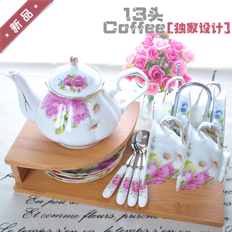 13 coffee fashion tea set coffee cup coffee pot set wooden stand stainless steel coffee spoon 4(China (Mainland))