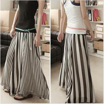 Women's black and white stripe patchwork chiffon skirt expansion skirt stripe dress bust skirt half-length full dress(China (Mainland))