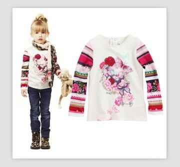 2013 fall new girls white tee shirt long sleeve blouse kids top children clothing 3-10yrs(China (Mainland))