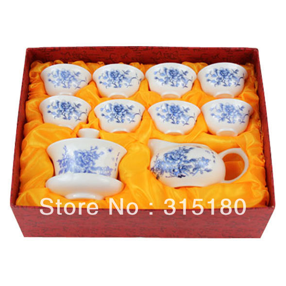 wholesale Blue Peony Jade Porcelain Tea Set Kung Fu Teaset Ceramic Teaware free shipping free shipping