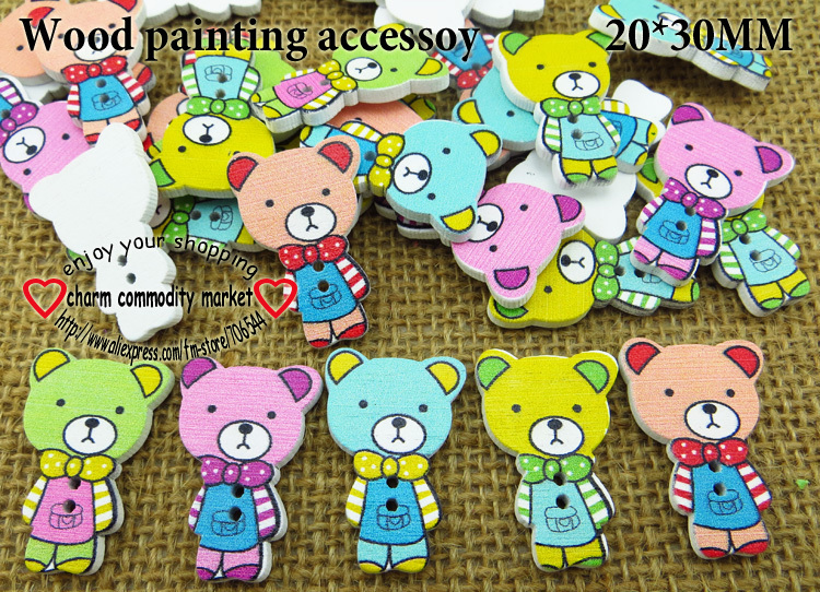 100PCS 5pattern mixed bear design cartoon wooden button diy clothes accessories scrapbook WCF-127