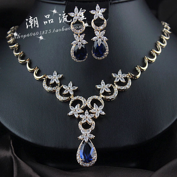 Perfect luxury fashion blue zircon inlaying crystal luxury set drop marriage decoration chain sets