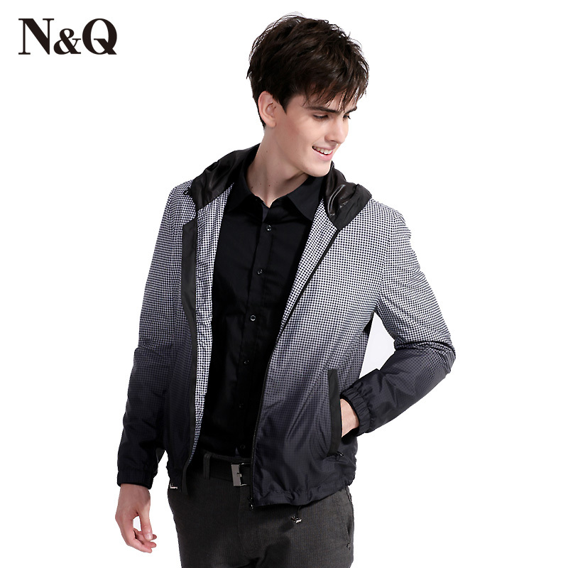 Free shipping Spring nuoqi n q xxl check gradient jacket men s clothing with a hood