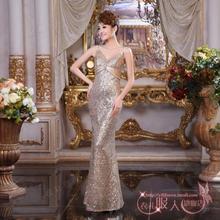 Free Shipping!Women Fishtail V-neck Gold Paillette Dress Fashion Design Evening Dress Party Dress
