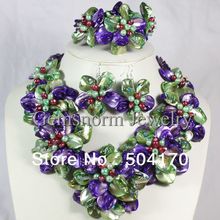Amazing 2013 Handmade Multicolor Shell Pearl Flower Jewelry Set Fancy Bridal Jewelry Set 925 Silver Hooks