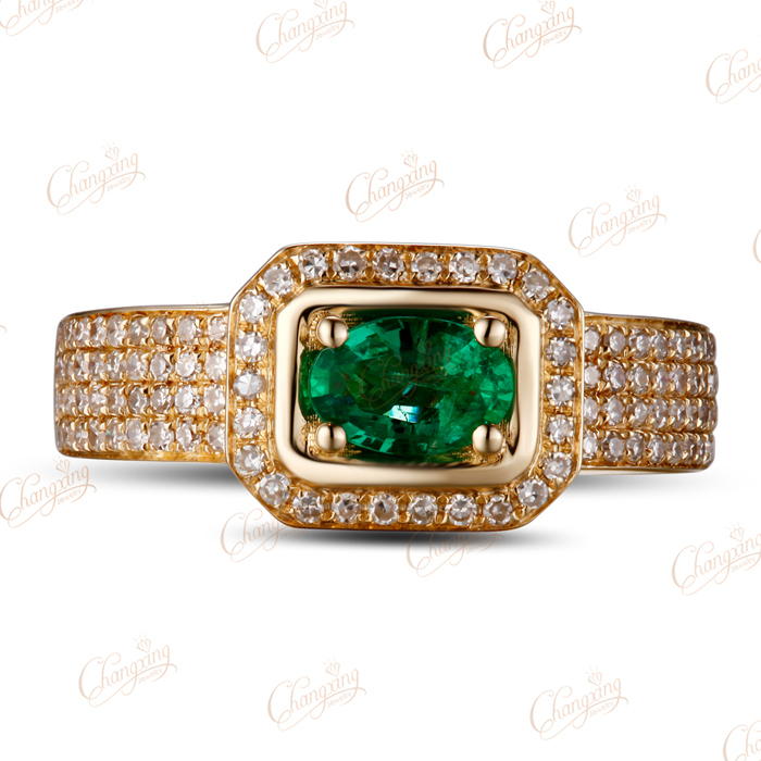 Oval 0 50ct Natural 4x6mm Emerald 18K Yellow Gold 0 45ct Diamond Engagement Ring Jewlery