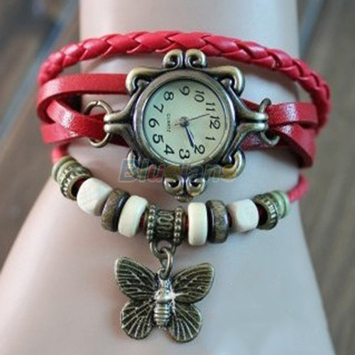 Min 16 6 Colors Ladies Womens Retro Leather Bracelet Butterfly Decoration Quartz Luxury Vintage Wrist Watch