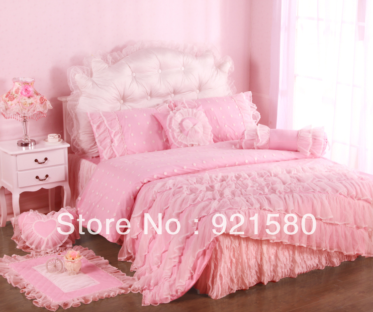 Free shipping!NEW 100% cotton girl bedding set/pink lace