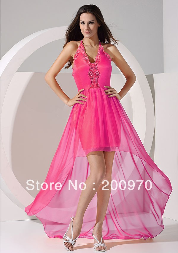 line Halter V-neck Short Front Long Back Chiffon 2014 Prom Dresses ...