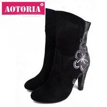 Aotoria purler embroidered velvet high-heeled boots boots plus size available
